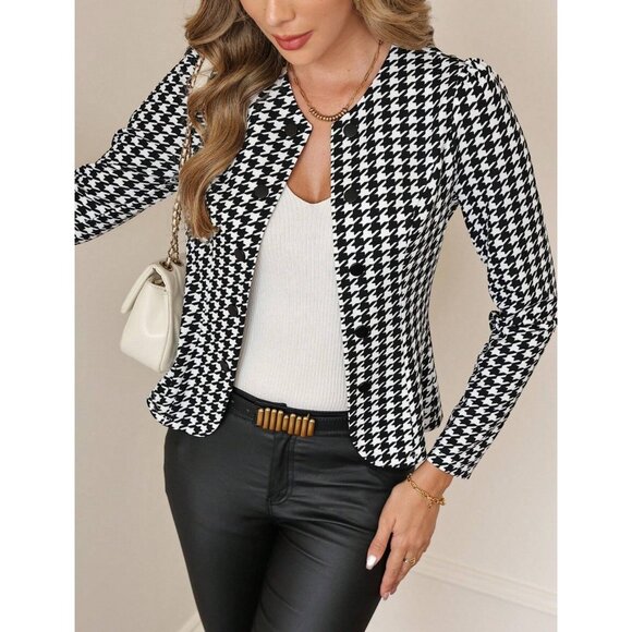 Black White Houndstooth Button-Up blazer Jacket Minimalist Preppy - Picture 1 of 1